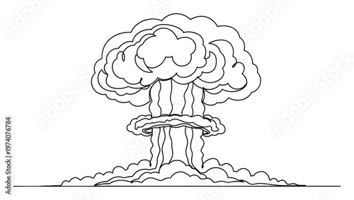 Mushroom cloud continuous line drawing depicting a powerful explosion and widespread impact for serious geopolitical discussions environmental warning campaigns or scientific presentations