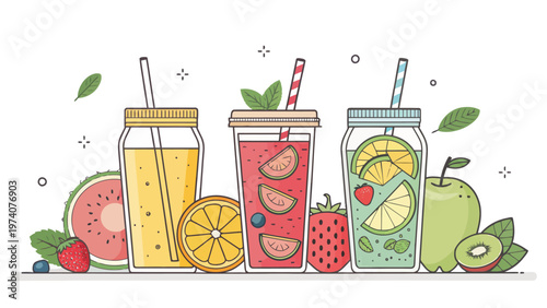 Colorful illustration of healthy drinks with fruits and straws on a white background for wellness and nutrition concepts