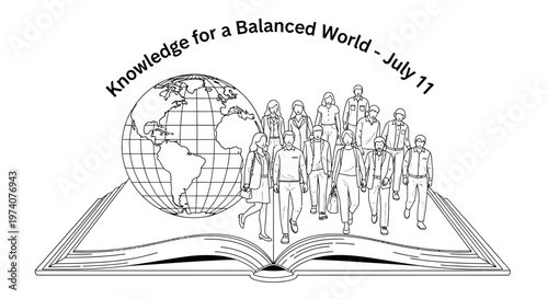 Knowledge for a Balanced World illustration with people and globe on open book.