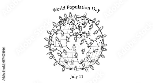 World Population Day illustration featuring Earth globe surrounded by people icons.