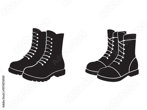 Two pairs of black boots with white laces on plain white background  footwear illustration
