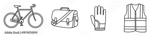 Outline collection featuring a bicycle, messenger bag, cycling glove, and high visibility vest, perfect for illustrating commute, safety, or active lifestyle concepts in various