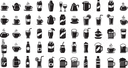 Collection of various drink icons in black and white