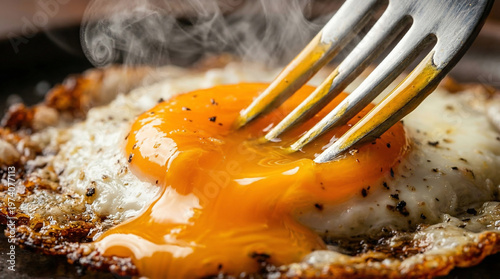 Fried egg being pierced with fork producing golden yolk  