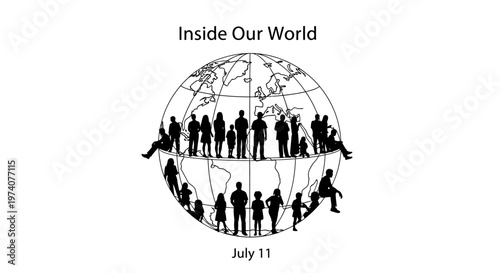 World population illustration with people silhouettes around a globe.