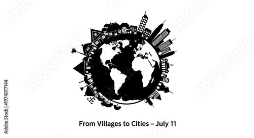 Black and white illustration of global urbanization featuring world map and city skylines.