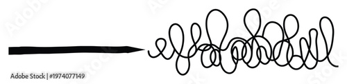 Simple arrow leading into a complicated messy line representing complexity versus simplicity, ideal for presentations on challenges, solutions, and strategic planning.