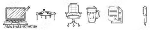 Hand drawn office objects for business and workspace concepts, featuring a laptop, desk, chair, documents, and stationery, suitable for web graphics and educational content.