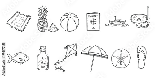 A comprehensive set of hand drawn summer vacation and beach holiday items including travel accessories and aquatic sports gear perfect for various themed promotions and seasonal marketing.