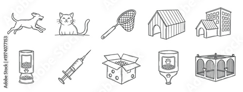 Vector line icons for pet care services featuring domestic animals, veterinary equipment, automatic feeders, and animal shelters, useful for pet shop promotions and veterinary clinic