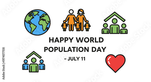 Happy World Population Day conceptual design with icons and text.