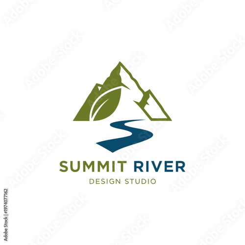 Minimalist Landscape Hills, Mountain Peaks River Creek Design Logo.