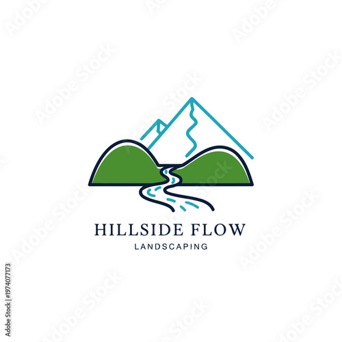 Hillside Flow Landscaping Logo With River Between Green Hills and Mountain Outline.