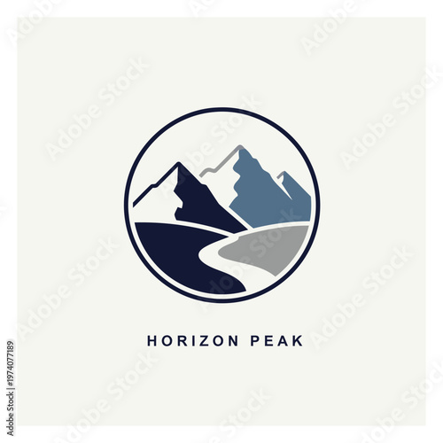 Horizon Peak Mountain Logo Emblem For Outdoor Adventure Branding And Travel Identity.