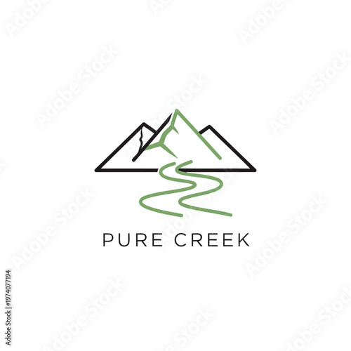 Pure Creek Mountain Logo Design With Minimalist River and Nature Branding.