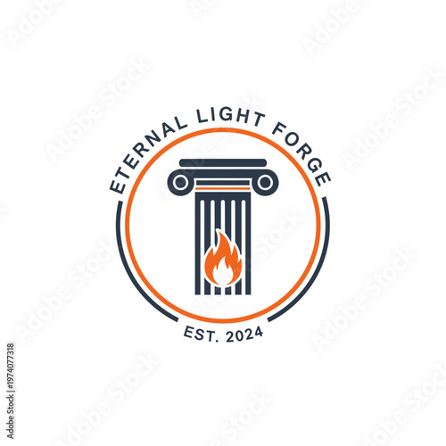 Eternal Light Forge Logo Badge With Classical Pillar and Flame Emblem, Round Est. 2024 Branding.