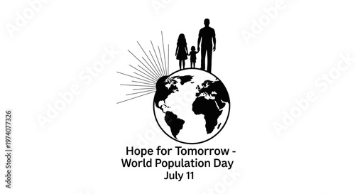 World Population Day concept with family silhouette on globe.