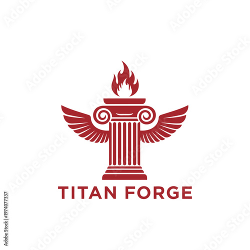 Titan Forge Logo With Winged Ionic Column, Flaming Torch Emblem For Business And Branding.