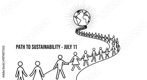 Hand drawn illustration of a long line of people walking towards a globe.