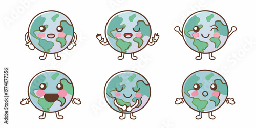 Three rows of cartoon earth characters waving and expressing joy