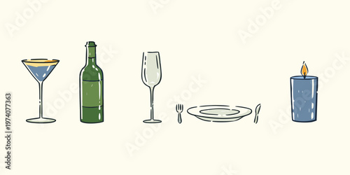 A simple table setting with cocktails dinnerware and a lit candle