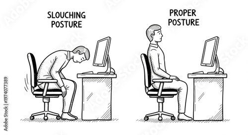 Comparison of Slouching vs Proper Posture at a Desk.
