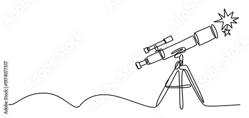A minimalist one continuous line drawing of a powerful astronomical telescope on a tripod observing celestial stars and space for science education and discovery themes.