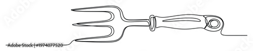 Simple single line drawing of a gardening hand fork, perfect for horticultural blogs, agricultural product branding, garden center promotions, and home improvement resources.