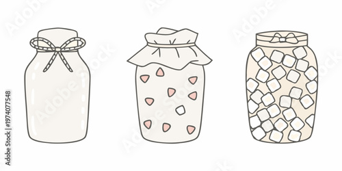 Three illustrated mason jars with different decorative coverings