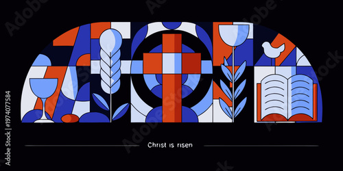 Abstract stained glass illustration depicting religious symbols with text