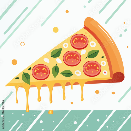 Vibrant illustration of a delicious pizza slice with melting cheese, fresh tomatoes, and basil on a stylish background, perfect for food themes and branding