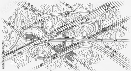 Complex highway interchange aerial view sketch.