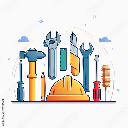 Essential Work Tools Collection for Home Improvement and Professional Repair Services Vector Illustration