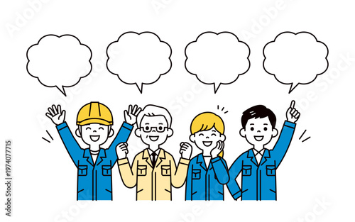 吹き出しと、元気な表情・ポーズの経営者・複数の作業員の上半身ベクターイラスト素材セット