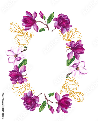 Watercolor bouquet magnolia and gold decorative wreath frame isolated on white. Luxury flower for cards, invitations, crapbooking, and playful seasonal designs.