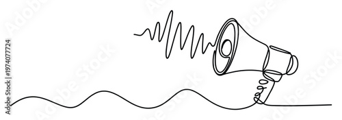 Single continuous line drawing of a megaphone broadcasting sound waves, representing vital communication for public announcements, marketing, and awareness campaigns