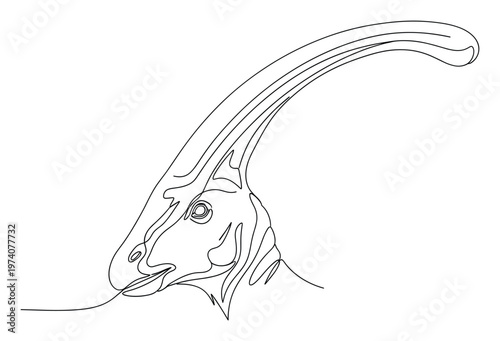Elegant continuous line drawing of a Parasaurolophus dinosaur head with its iconic long crest, perfect for educational content, unique graphic prints, or contemporary paleontologythemed