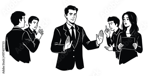 Professional individuals engaged in a business discussion or conflict resolution, with a mediator figure stopping an argument, ideal for illustrating corporate communication and