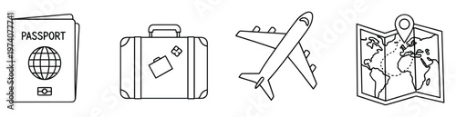 Line icons representing international travel essentials such as a passport luggage an airplane and a world map great for digital interface design journey planning and vacation advertisements