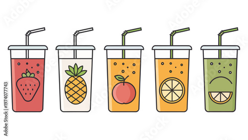 Colorful juice glasses with straws and various fruits for drink and beverage concepts