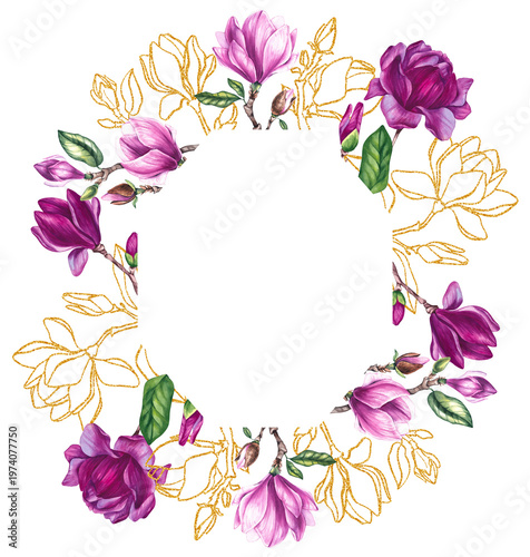 Watercolor bouquet magnolia and gold decorative wreath frame isolated on white. Luxury flower for cards, invitations, crapbooking, and playful seasonal designs.