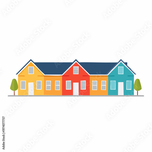 Vibrant cartoon houses in a charming row, symbolizing community, real estate, and home sweet home architecture in a friendly neighborhood