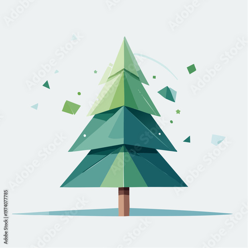 Abstract geometric Christmas tree with scattered green shards and snow