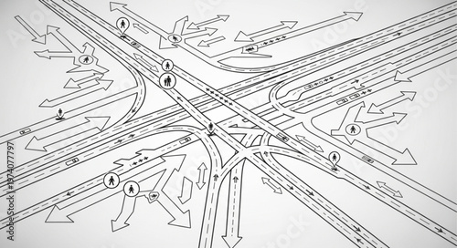 Complex Highway Interchange Blueprint with Traffic Flow Arrows.