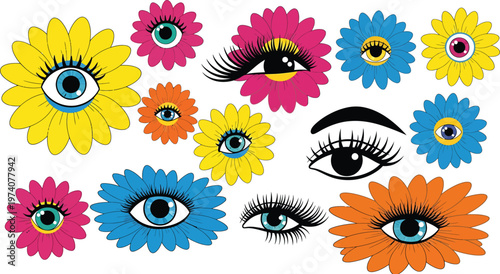 Colorful Flowers with Eyes on White Background