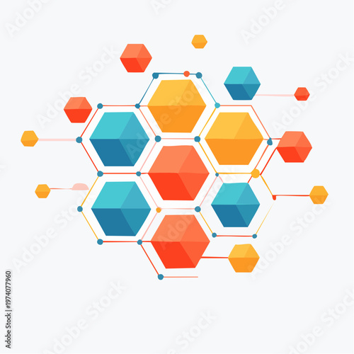 Abstract geometric network of hexagons and connecting lines, digital concept