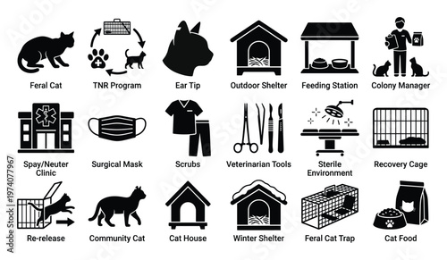 Diverse icons showcasing feral cat management, TrapNeuterReturn process, and community cat welfare elements, perfect for animal advocacy presentations and educational outreach materials.