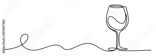 Single continuous black line drawing forming a gracefully elegant wine glass with liquid ideal for beverage marketing materials and restaurant promotions