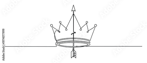 Continuous single line drawing depicting a symbolic arrow piercing through an elegant royal crown, representing power, ambition, and precision, ideal for branding, motivational content, or