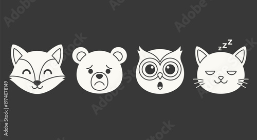 Cute animal faces with different emotions on dark background